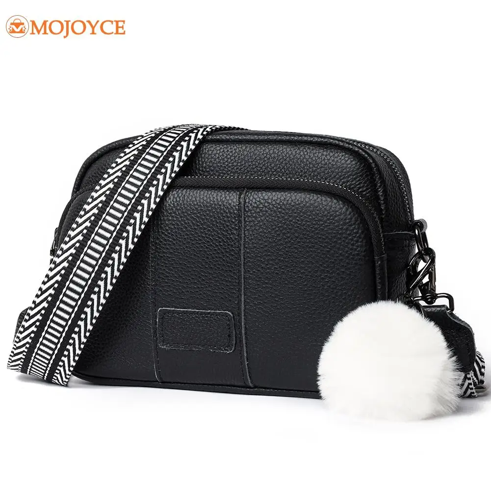 Ladies Versatile Mobile Phone Bag Genuine Leather Solid Satchel Bag with Hairball Large Capacity Women Wide Strap Handbag Purses