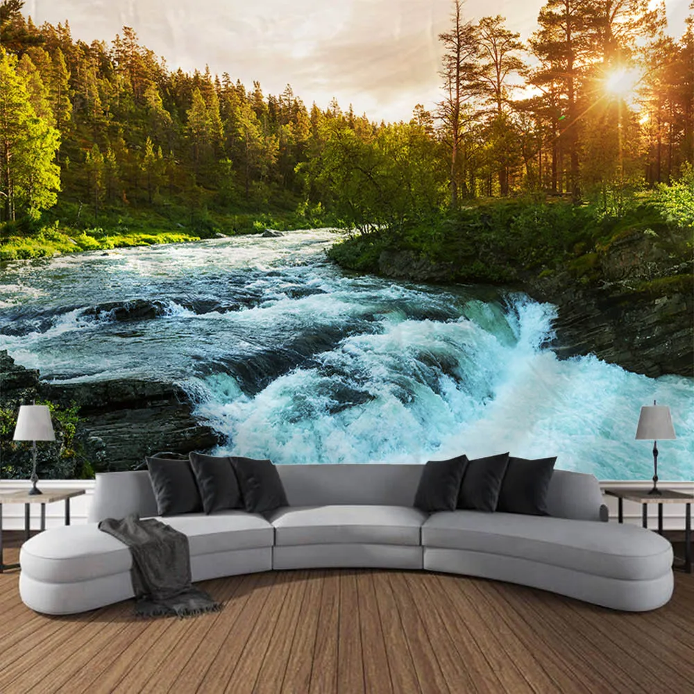 Natural mountain and river tapestry landscape, jungle waterfall wall hanging, suitable for home, office and dormitory decoration