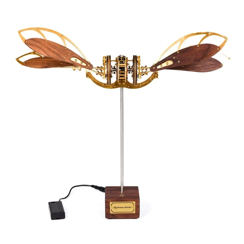 DIY Metal Mechanical Dragonfly Assemble Model Kit with Walnut Base Display Crafts Movable Assembled Toys Birthday Gift