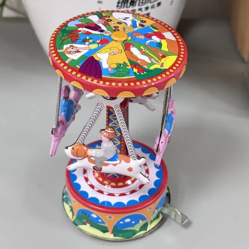 [Funny Adult Collection Retro Wind up toy Metal Tin amusement park carousel Rotating animal Mechanical Clockwork toy figure gift