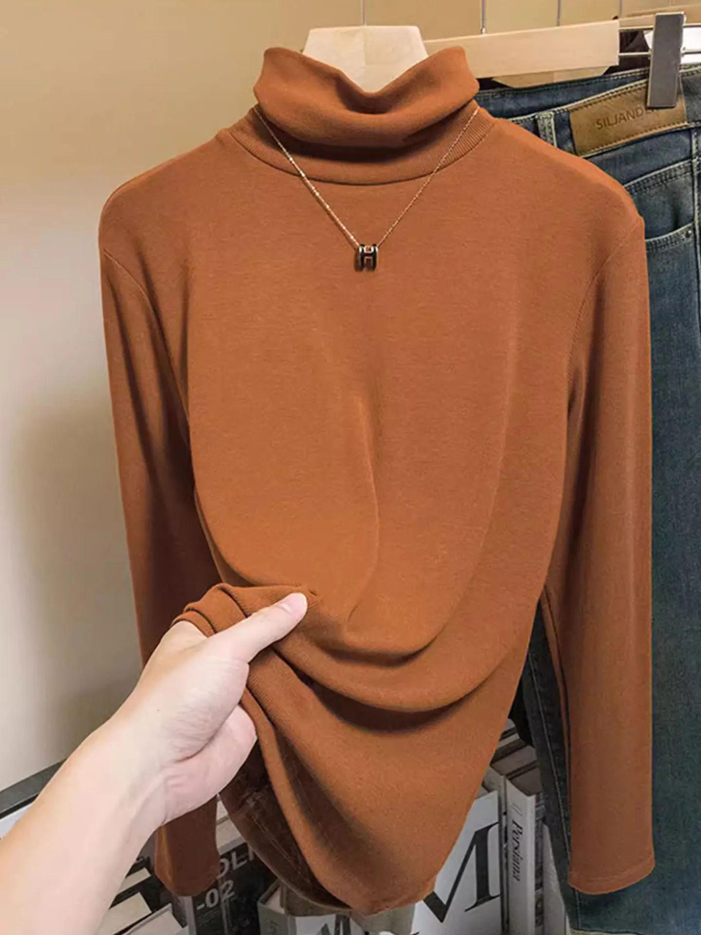 

Модный облегающий базовый топ с высоким воротником и длинными рукавами для женщин больших размеров, корейский стиль, осень-зима