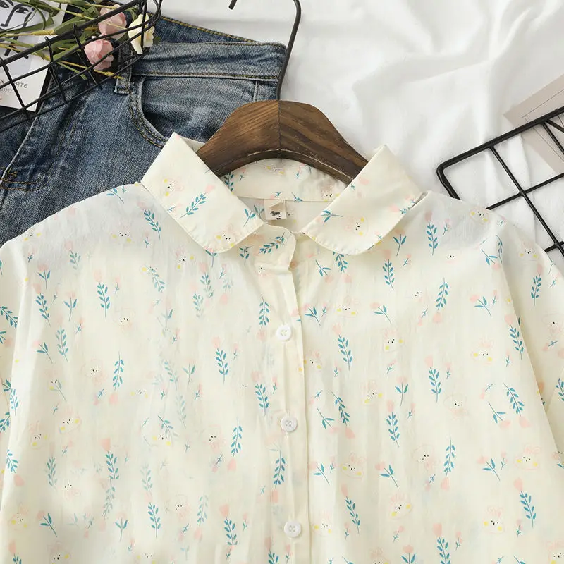 Kawaii Shirt Chiffon Blouse for Women Rabbit Print Elegant Social Women's Shirt Short Sleeve Shirt Women's Summer Tops 2024