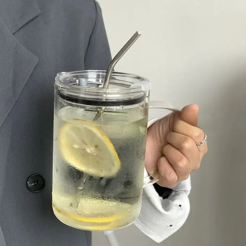 ​​1000ml Large Capacity Glass Tumbler with Lid & Straw - Graduated Markings, Leakproof Design for Iced Coffee & Cold Beverages