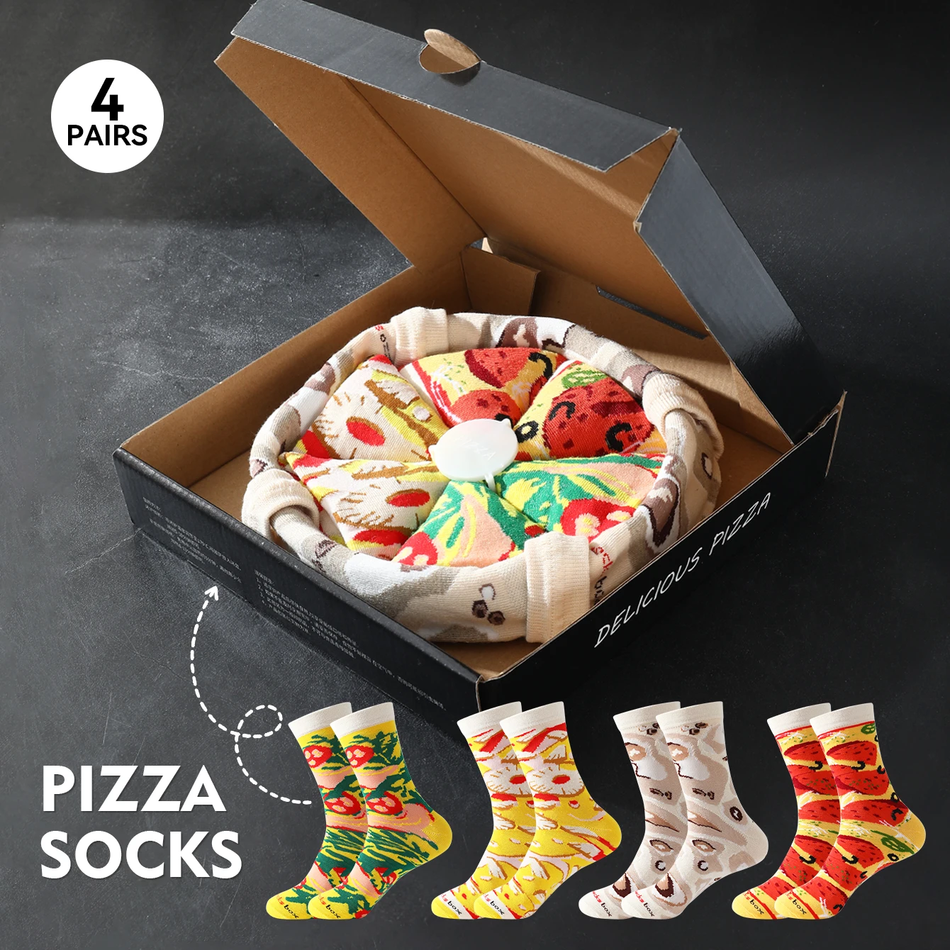 4 pares de calcetines unisex transpirables hasta la pantorrilla con estampado de rebanadas de pizza gourmet, estilo urbano moderno, regalo novedoso para Navidad, Halloween y festividades.