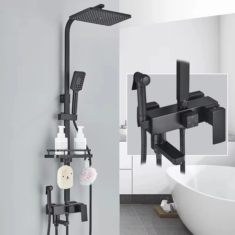 Factory Wholesale Black Brass Shower Faucet Set Bathtub Tap With Bathroom Shelf 4 Functions Height Adjust Shower Mixer