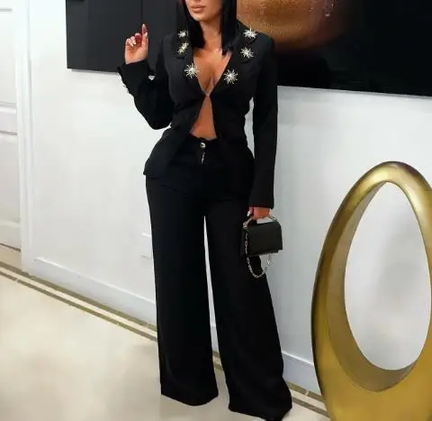 가을 여성용 맞춤형 슈트, 패션 메탈 장식 싱글 버튼 슬림핏 수트 상의와 하이웨이스트 와이드 레그 팬츠 세트