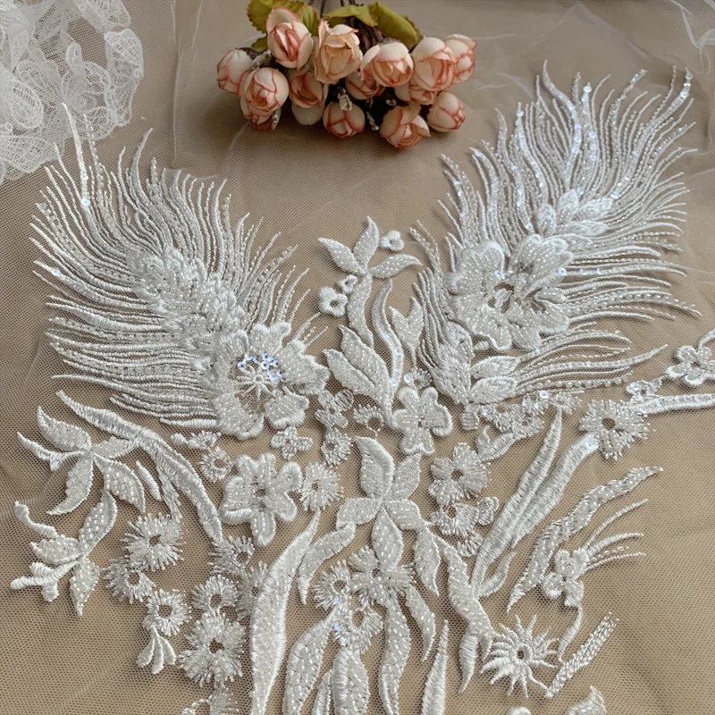 Beaded Sequins Lace Applique, Chest Flowers, 3D Wedding Dress Applique, Bridal Headdress, Lace Collar, Lace Fabric Patch