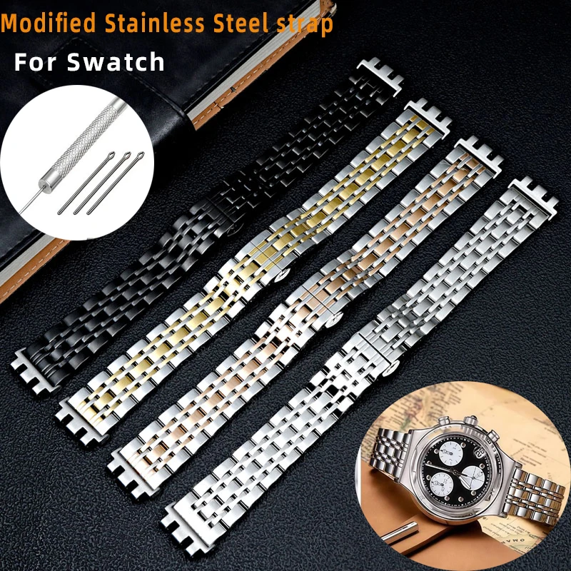 17 19 21MM Modified watch strap With metal connector For Swatch Irony Classic Collection YVS441G YAS112G Stainless Steel strap