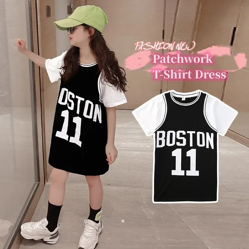 

Summer Girls Cotton Contrast Patchwork Alphabet Long T-Shirt Dress School Kids Tracksuit Sports Skirt Children Outfit Top 5-16Yr