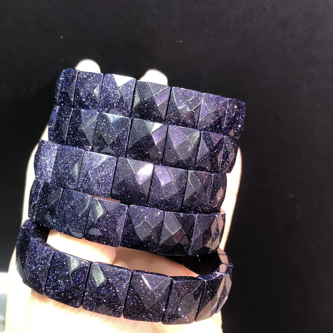 1 Pc Blue Sandstone Bracelet Bangle 10x12MM Fceted Rectangle Square Beads Reiki Healing Stone Fashion Jewelry Gift For Women Men