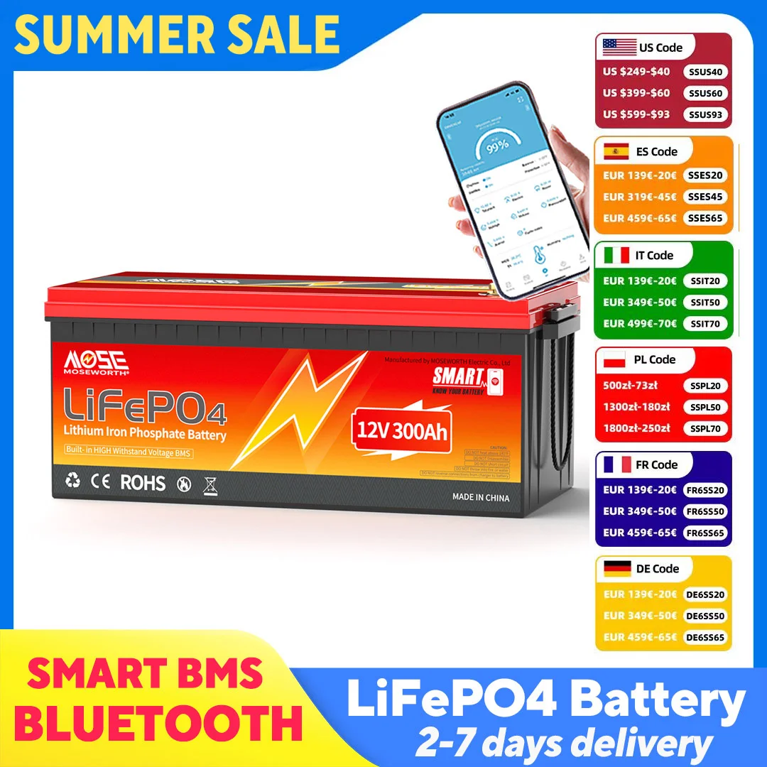 

MOSEWORTH 12V 300Ah LiFePO4 Battery Lithium Iron Phosphate Battery with Bluetooth 200A BMS Remote Monitoring Energy Systems