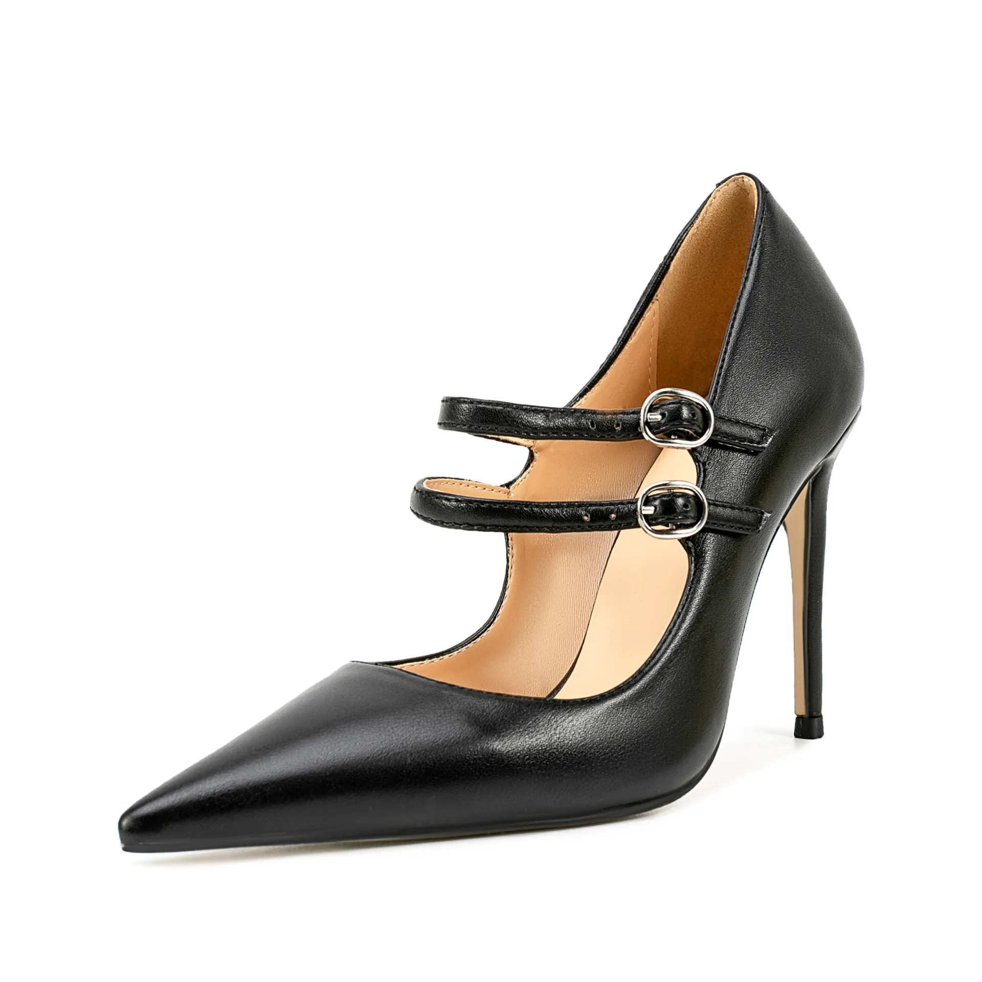 

Black Pointed Double Buckle Mary Jane Pumps Vintage Brown One-Strap High Heels French Style Stiletto Women Shoes Chaussure Femme