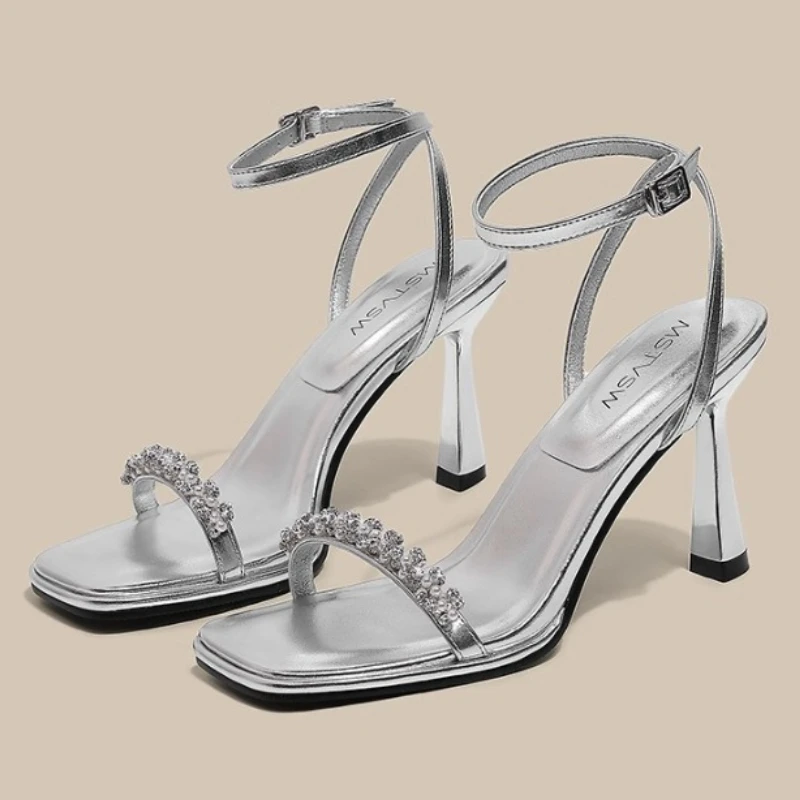 

Элегантные босоножки на высоком каблуке с ремешком на щиколотке, женские роскошные дизайнерские сандалии с пряжкой со стразами, модные свадебные туфли