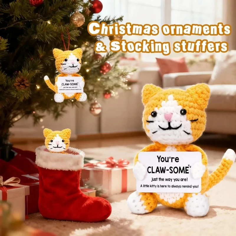 

Positive Crochet Cat Doll with Card Home Room Decor Handmade Knitting Emotional Support Cat Animal Ornament Christmas Gift