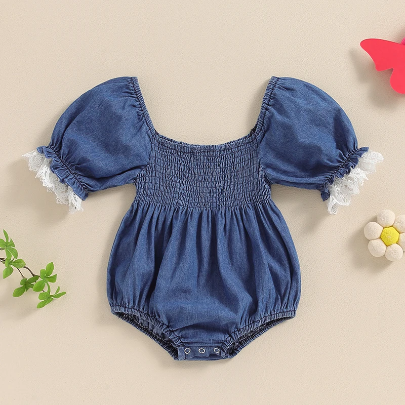 Romper Denim Azul para bebês, manga curta, guarnição de renda, gola quadrada, tops de macacão, verão