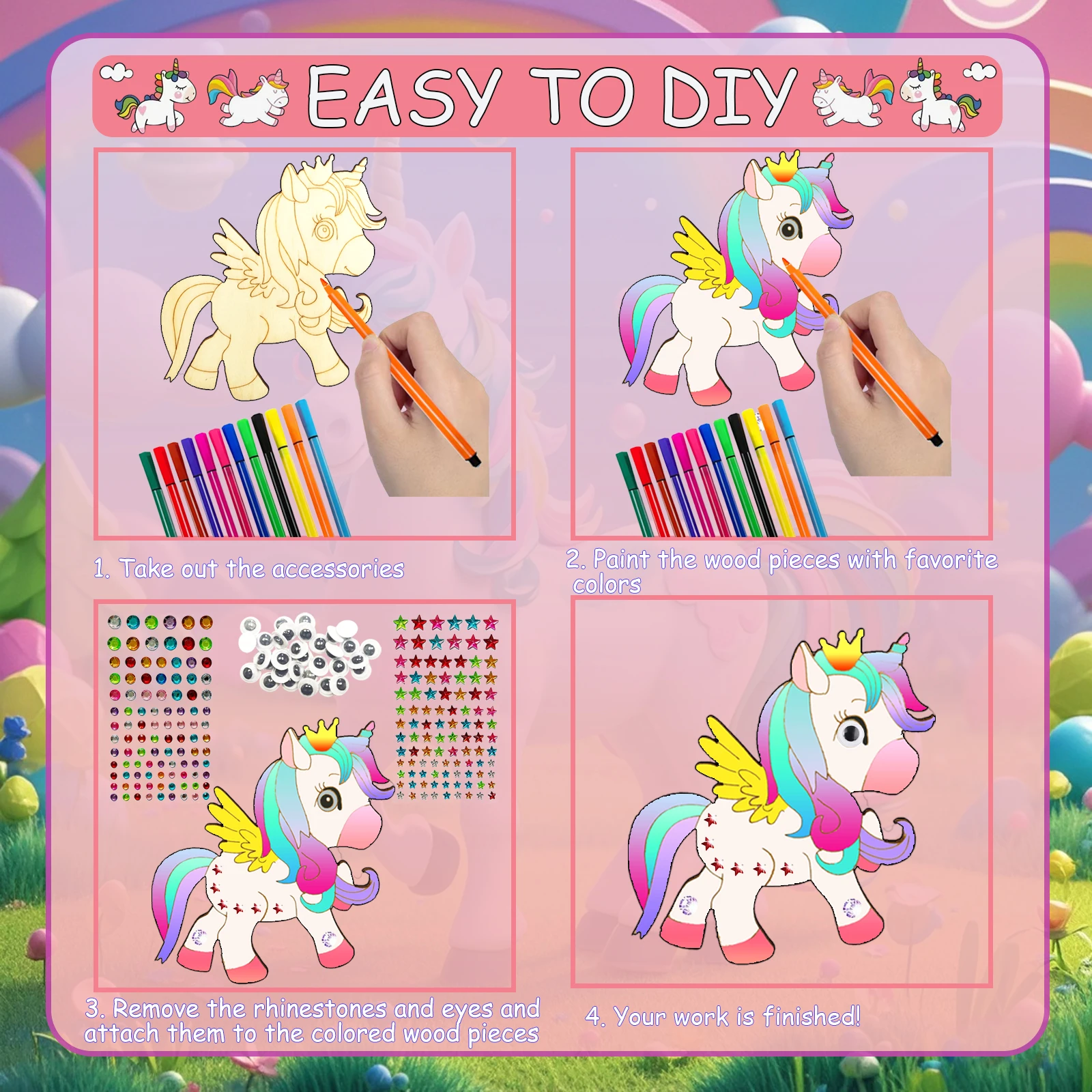 270 유니콘 나무 수공예품 세트, 나무 수공예품, 생일 파티 수공예품, 소녀/소년의 DIY 수공예품에 적합