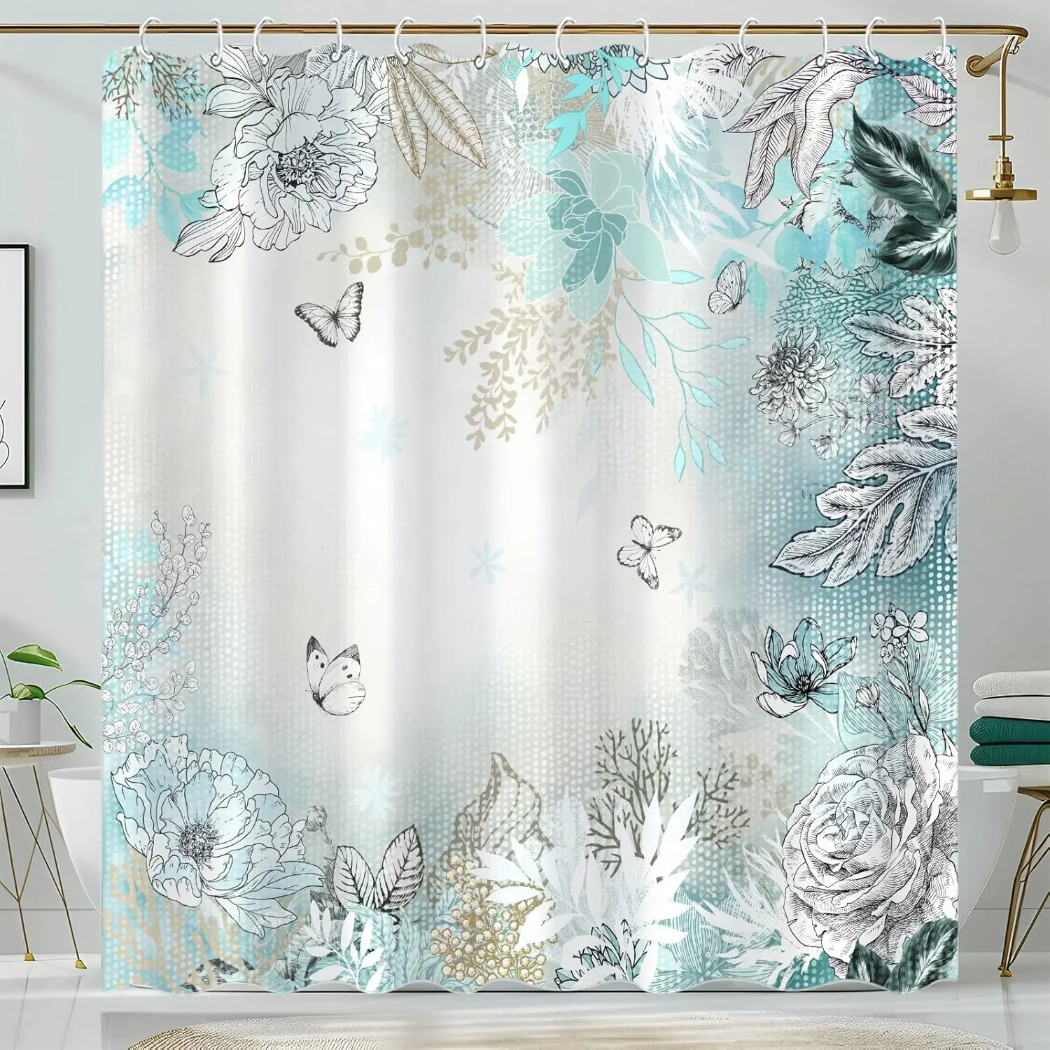 

Teal and White Blue Floral Butterfly Garden Nature Print Shower Curtain Elegant Botanical Bathroom Decor Soft Pastel Colors