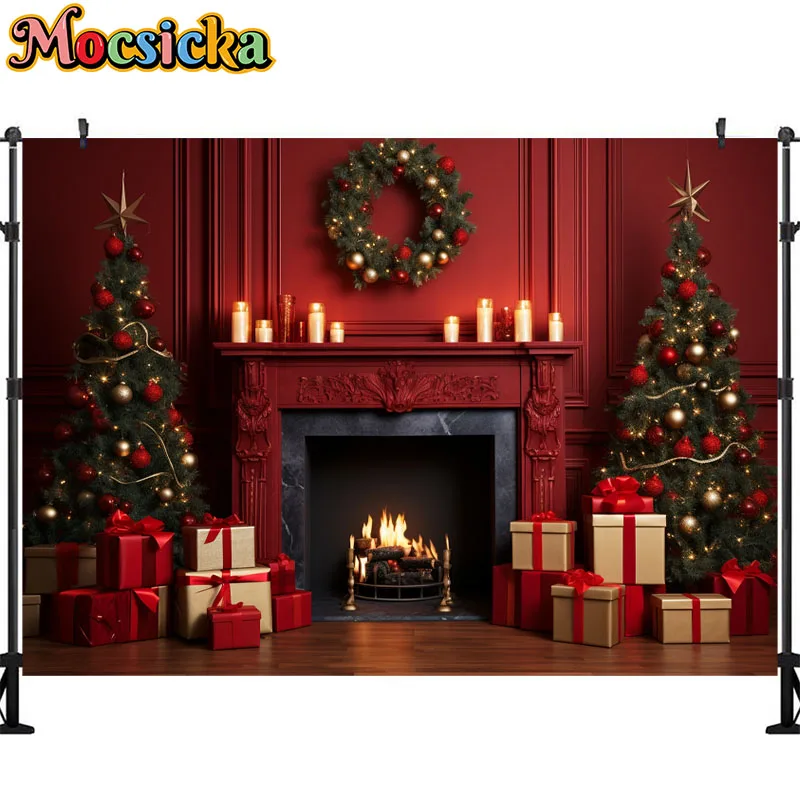 Mocsicka-Natal Lareira Backdrop para Fotografia, interior Props, Xmas Tree, Janela, Girl Photo Background, Wallpaper Decoração