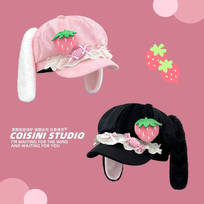 Gorros de Invierno Cálidos y Versátiles para Mujer, con Parche de Fresa, Lazo de Encaje, Orejas de Conejo de Peluche, Estilo Y2K