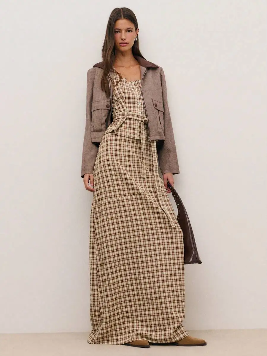 

Plaid Sleeveless Button Front Top With High Waisted Maxi Skirt Set