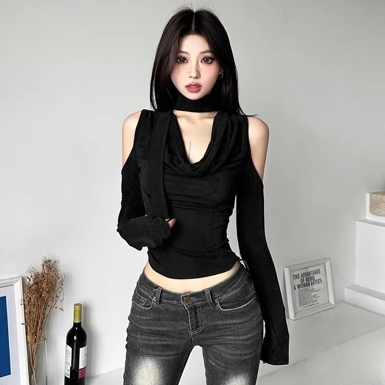 Sexy Off Shoulder Hollow Out Tops Mujer Y2k V-neck Slim Fit T-shirt for Women 2024 Summer New All-match Black Tee Shirt