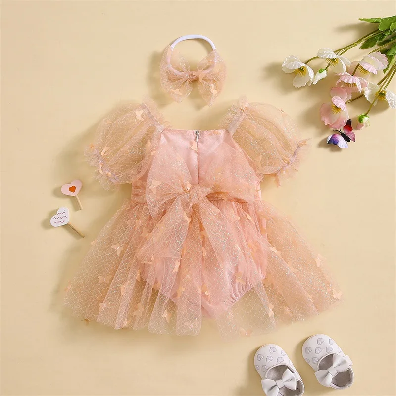 Suefunskry Baby Girl 2Pcs Outfit Short Puff Sleeve Frill Trim Mesh Romper Dress + 3D Bow Headband Infant Toddler Girl Cute Set