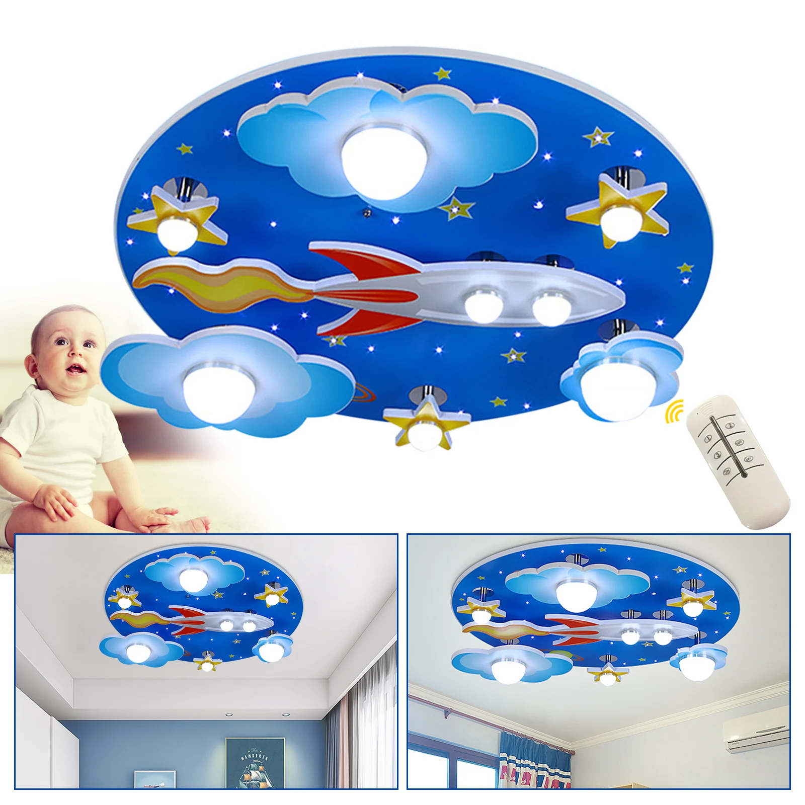 Luz de techo de cielo estrellado de avión de dibujos animados, lámpara colgante para habitación de niños y niñas, candelabro LED para bebé con control remoto para guardería en el hogar