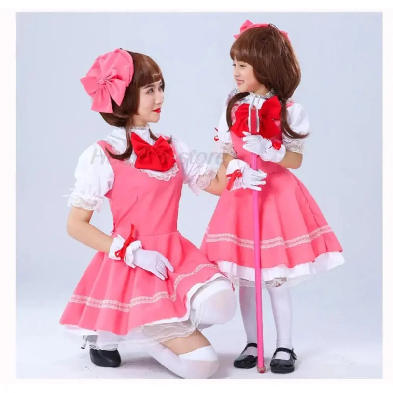 Anime girls pink carcaptor Sakura princess dress cosplay costume lolita dress for kid card combat uniform apron dress with hat