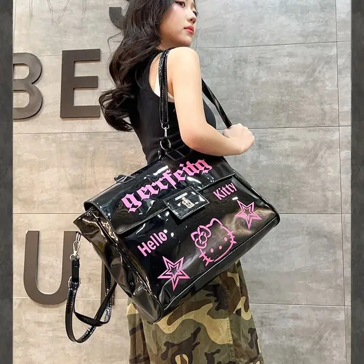 

Y2k Punk Extra Large Backpack Cartoon Printed Sanrio Hello Kitty Satchel PU Leather Large Capacity Women Travel Bag School Bag