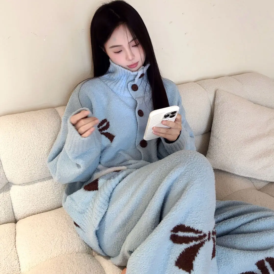 여성용 파자마 세트, 따뜻한 겨울 파자마, 니트 겨울 패션 홈웨어, 귀엽고 부드러운 파자마 세트