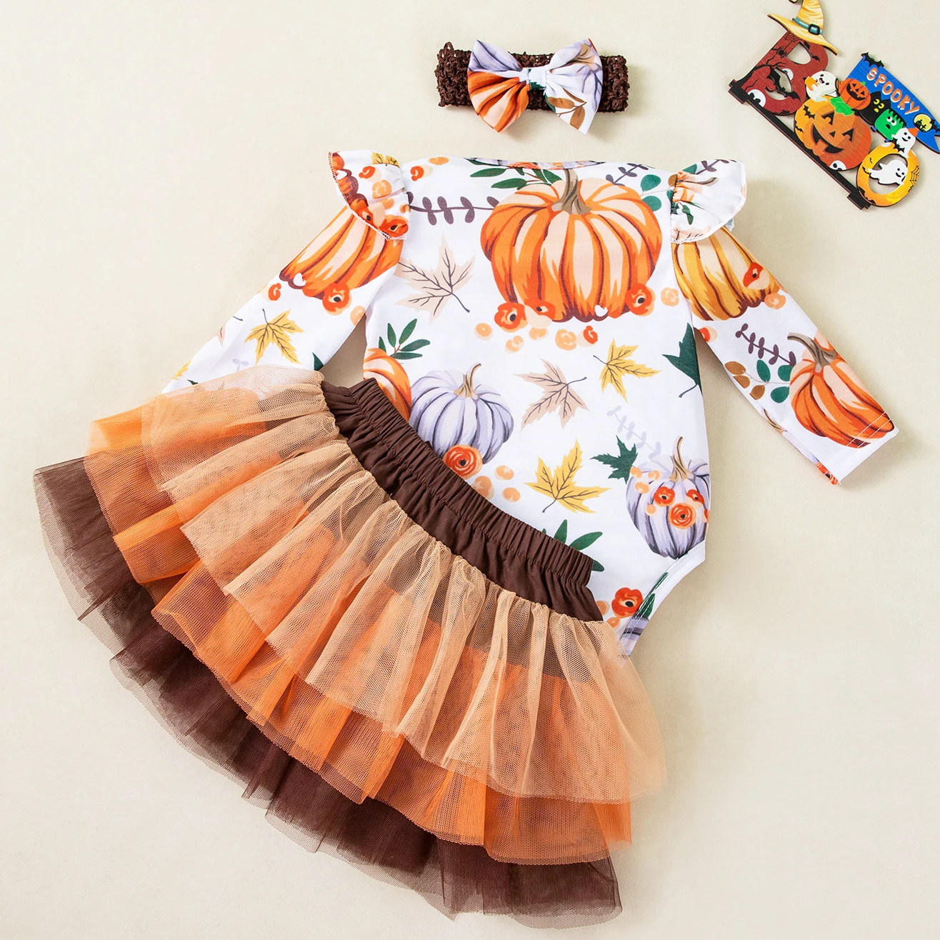 18 Moths Infant Girl Halloween Costumes Puff Sleeves Baby Girl Pumpkin Bodysuit Cake Smash Tutu Skirt Headband Halloween Clothes