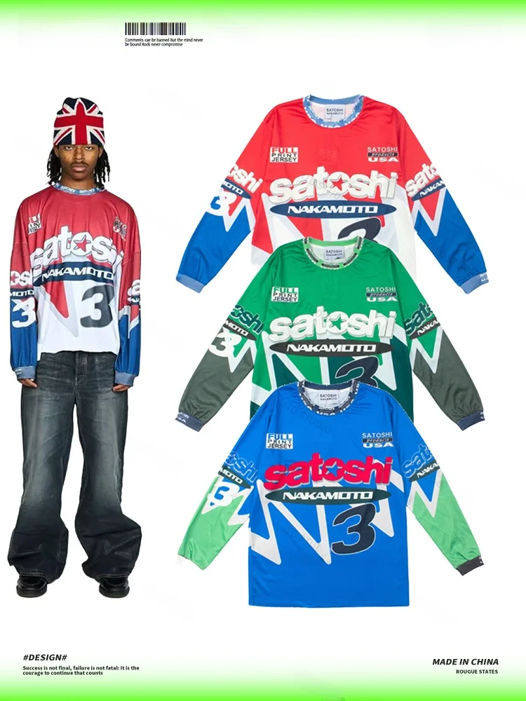 Satoshi Long Sleeve Loose Fit Casual Cotton T-Shirt Retro Style Motorcycle Motif Breathable Sportswear for Men