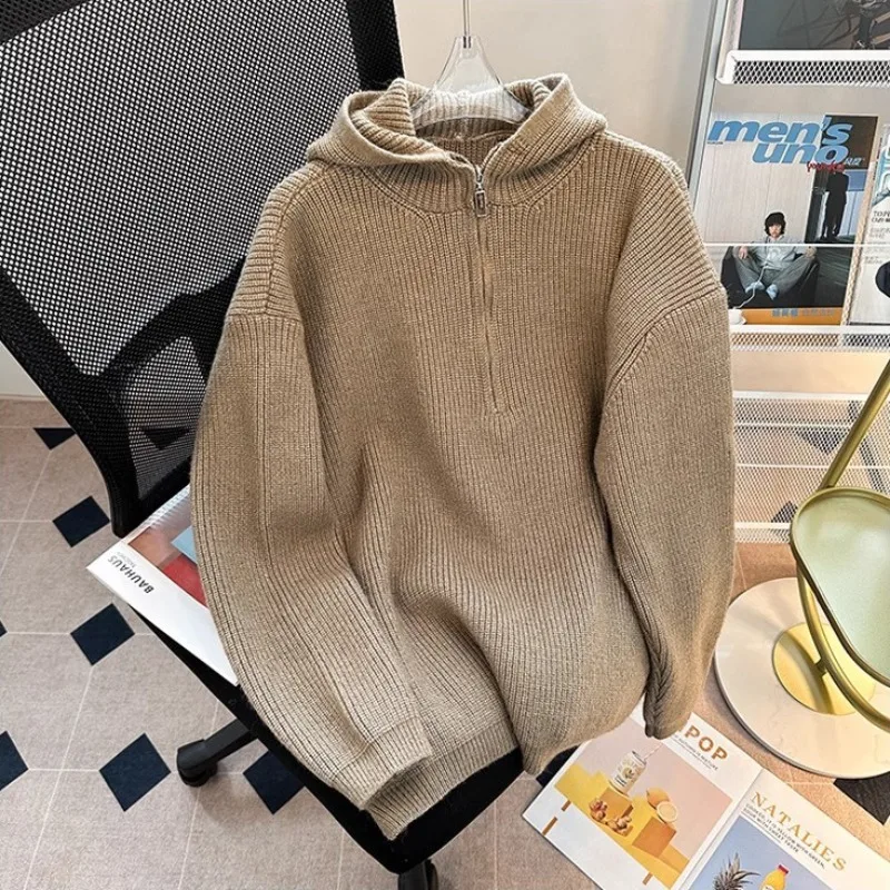 Autumn Winter Hooded Half-Zip Warm Loose Knit Sweater Men's Premium Casual Outerwear