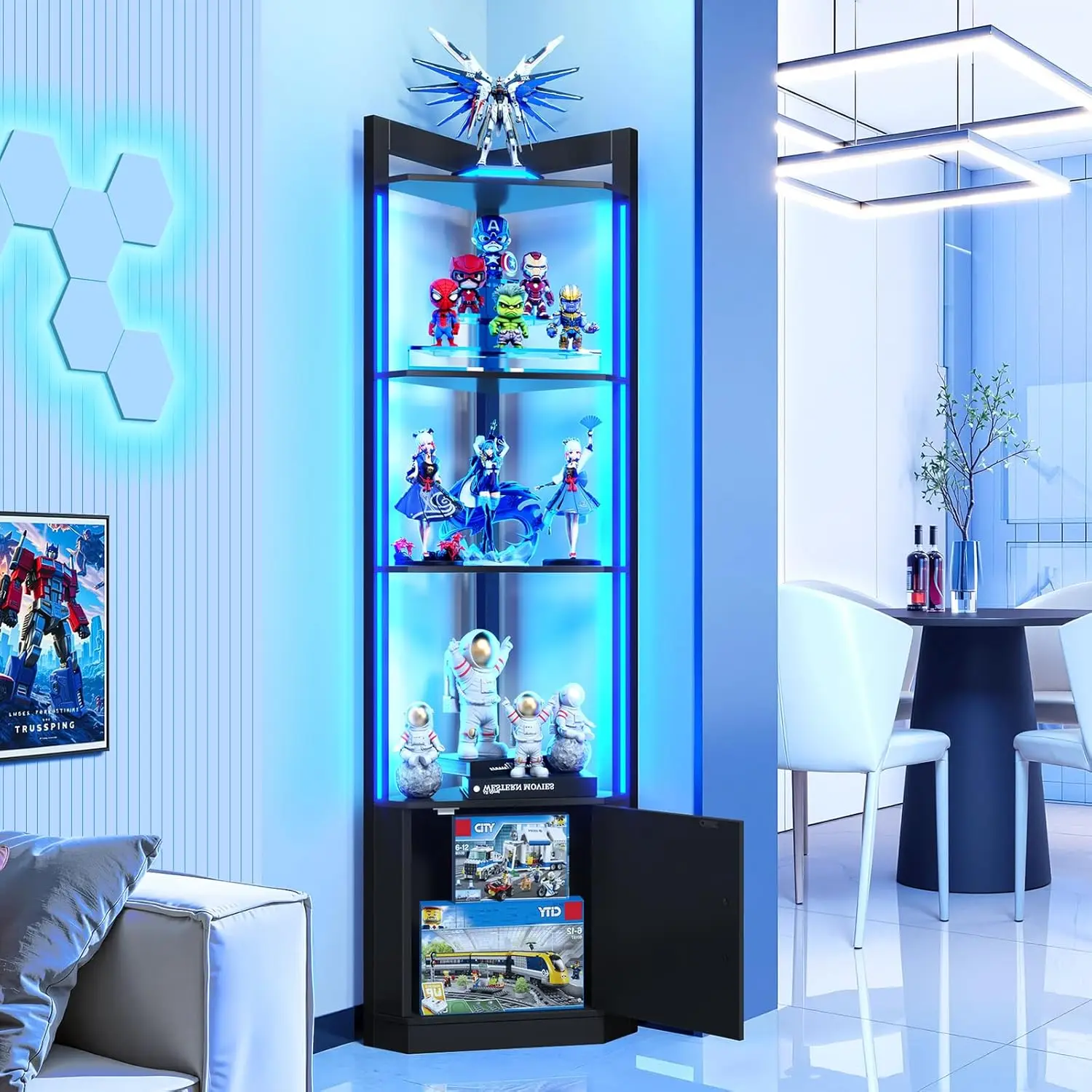 

5-Tier Display Cabinet, 65" Tall Corner Shelf Stand with Storage, RGBWIC LED Light, Remote & APP Control, Floor Lamp Shelves