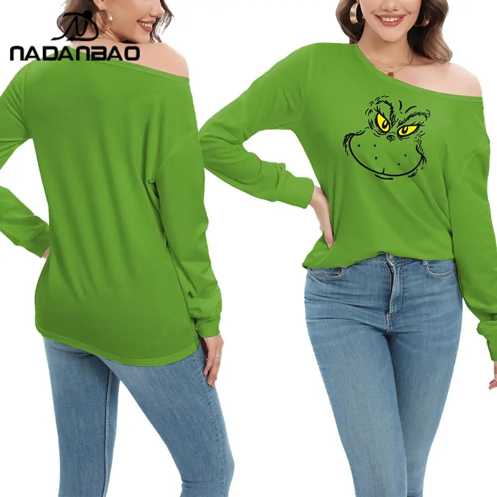 Nadanbao Women T-Shirt Casual Diagonal Collar Green Fur Monster Print Long Sleeve Tops Sexy Off Shoulder Loose Pullover T-Shirts