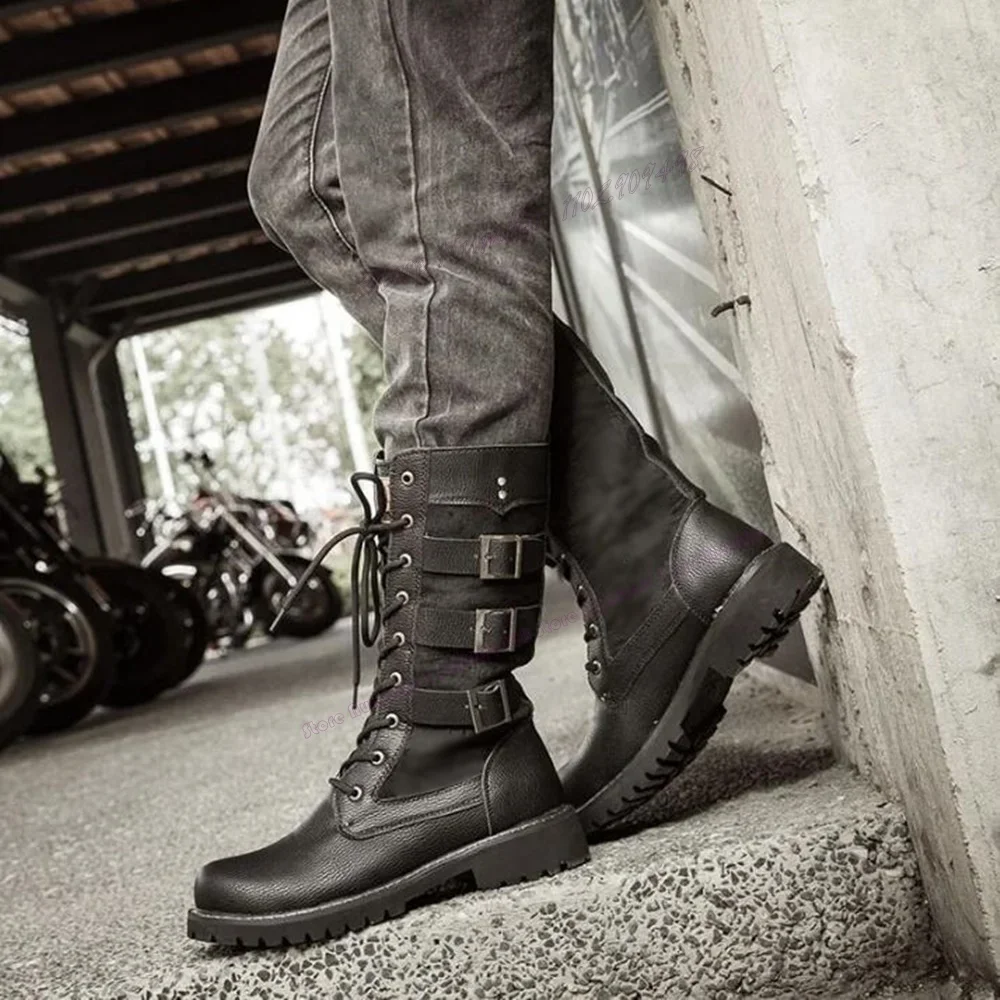 

Black Strappy Buckle Decor Men's Boots Matte Leather Lace Up Round Toe Motorcycle Shoes Casual New Style Big Size Shoes for Men