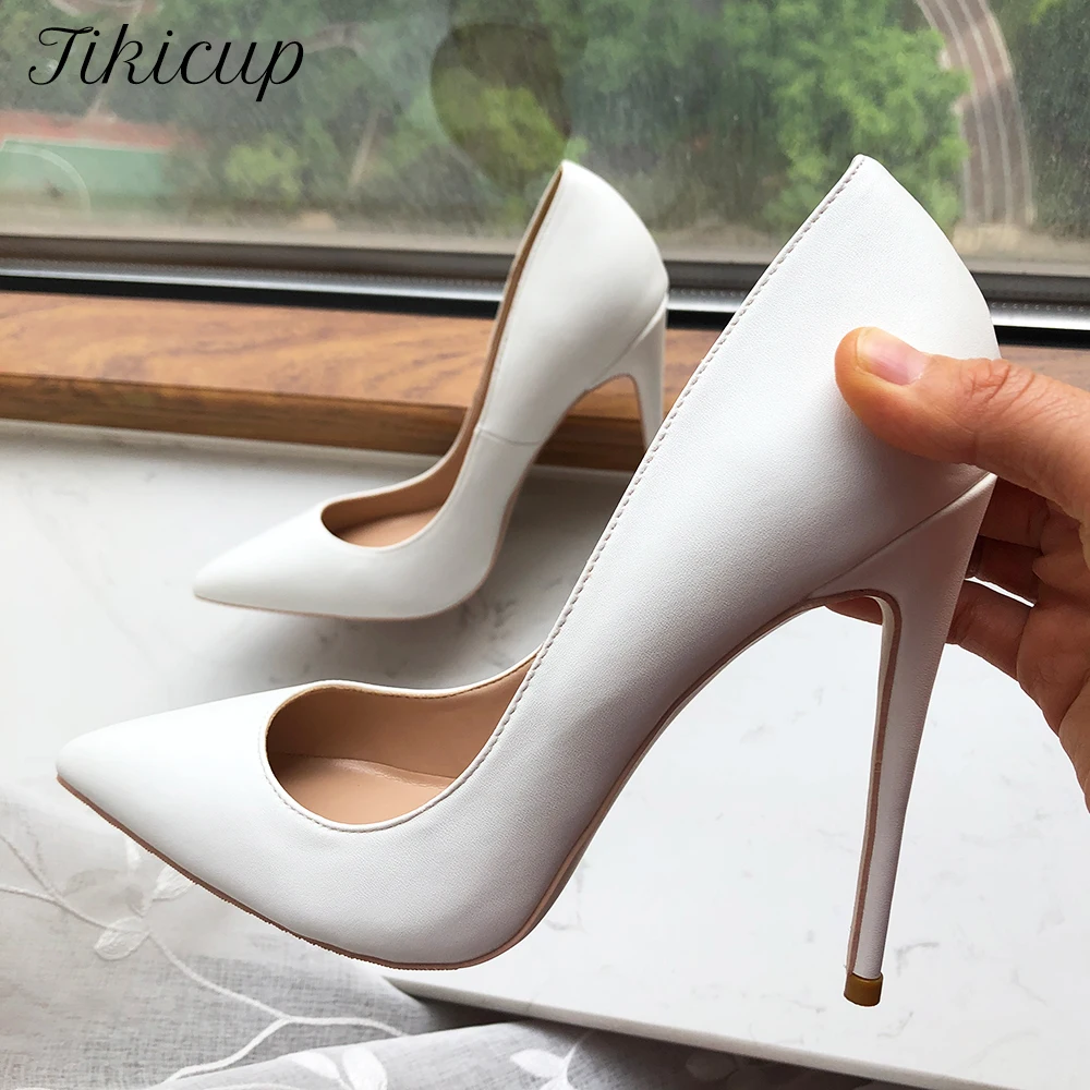 Tikicup White Matte Women Classic Style Pointy Toe High Heel Dress Shoes Elegant Ladies Slip On Stiletto Pumps 8cm 10cm 12cm