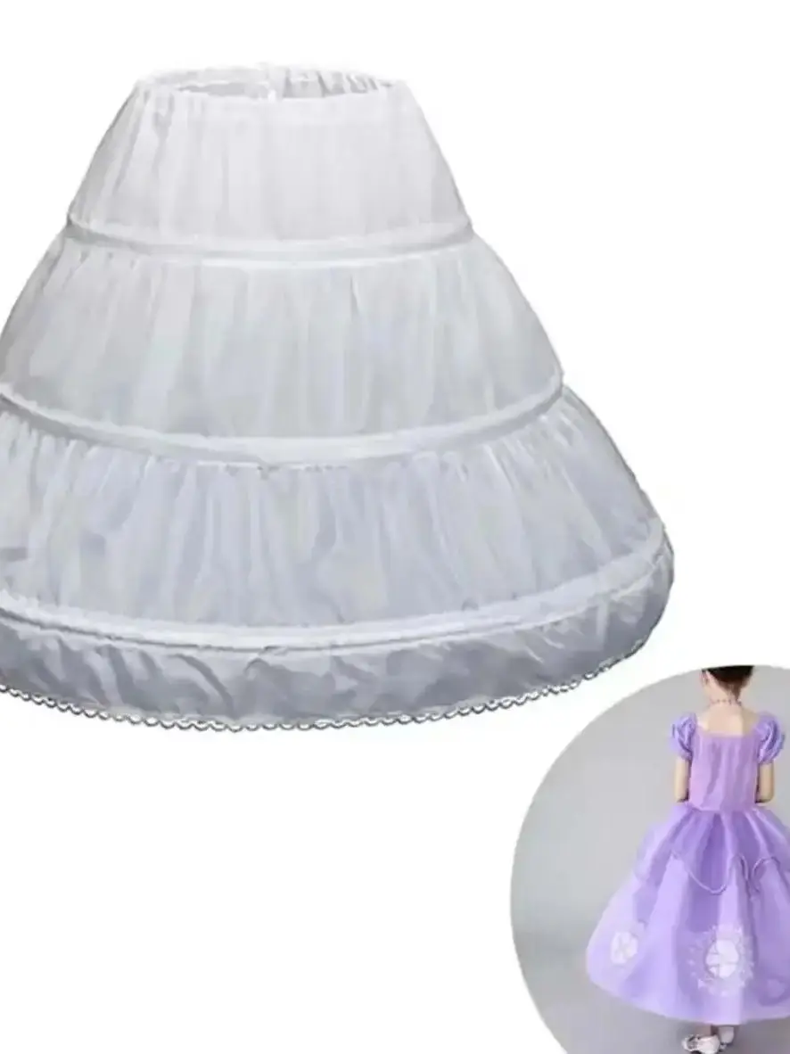 White Child Petticoat A-Line 3 Hoops One Layer Kids Crinoline Lace Trim Flower Girl Dress Underskirt Elastic Waist for Children