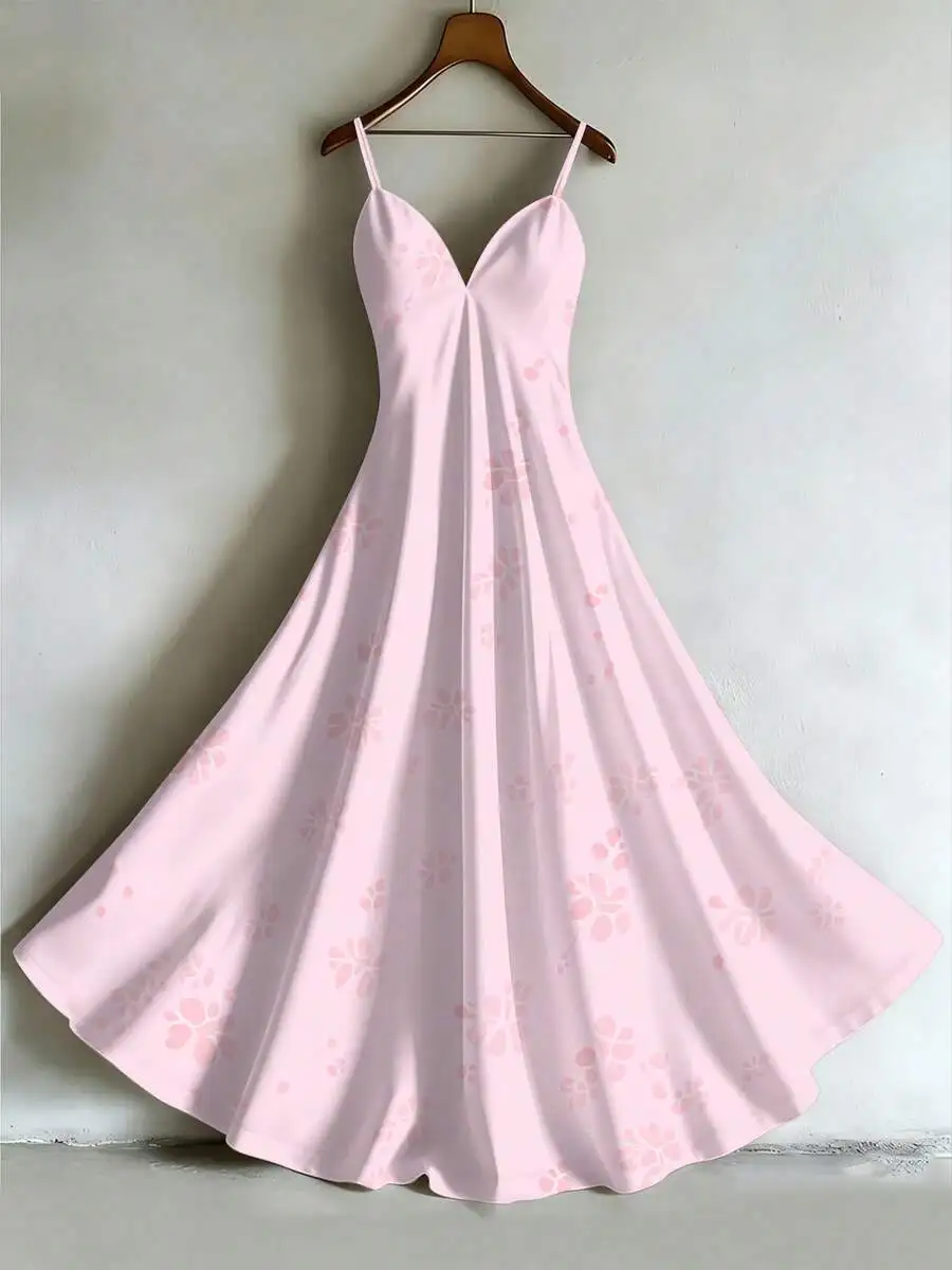 

Womens Spring Summer Slip Dress Cherry Blossom Print Umbrella Skirt Casual Maxi Dress
