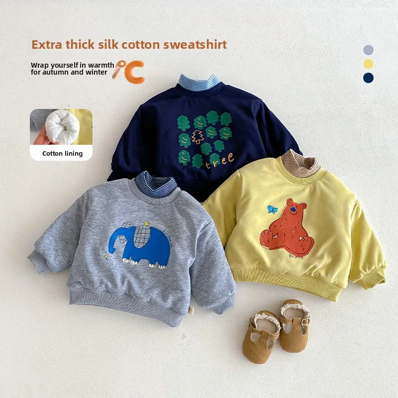 

Детская толстовка с героями мультфильмов, новинка 2025 года, зимняя корейская версия для мальчиков, толстая толстовка с полувысоким воротником, детский зимний топ