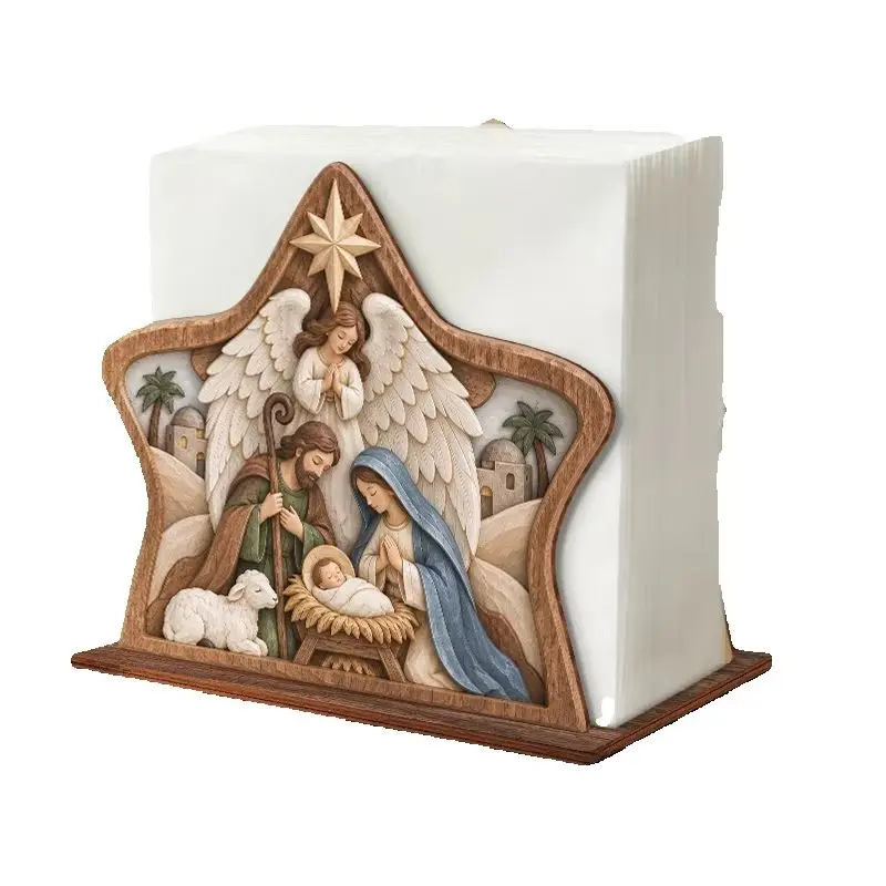 Christmas Nativity Scene Wooden Napkin Holder Holy Family Angel Lamb Star Design Tabletop Tissue Dispenser 1pc/3pcs