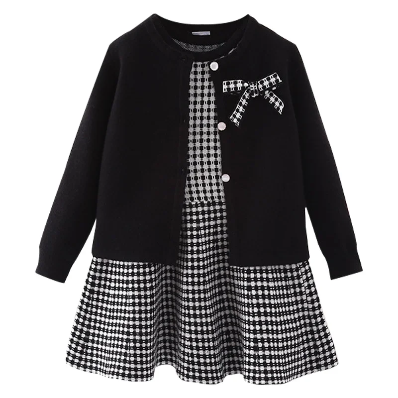 

Autumn children's baby sweater knitting long sleeve dress Christmas Day party girl's plaid sweater coat Plaid vest suit dress