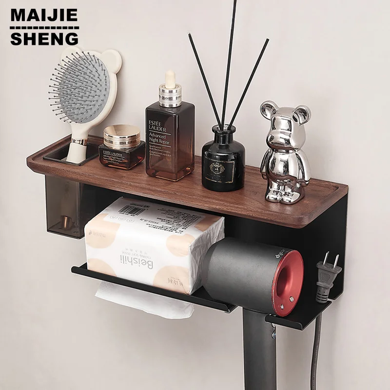 Toilet Paper Holder with Black Walnut Shelf for Bathroom,Wall Mounted Toilet Paper Tissue Holder,Phone Rack, Hair dryer rack  St