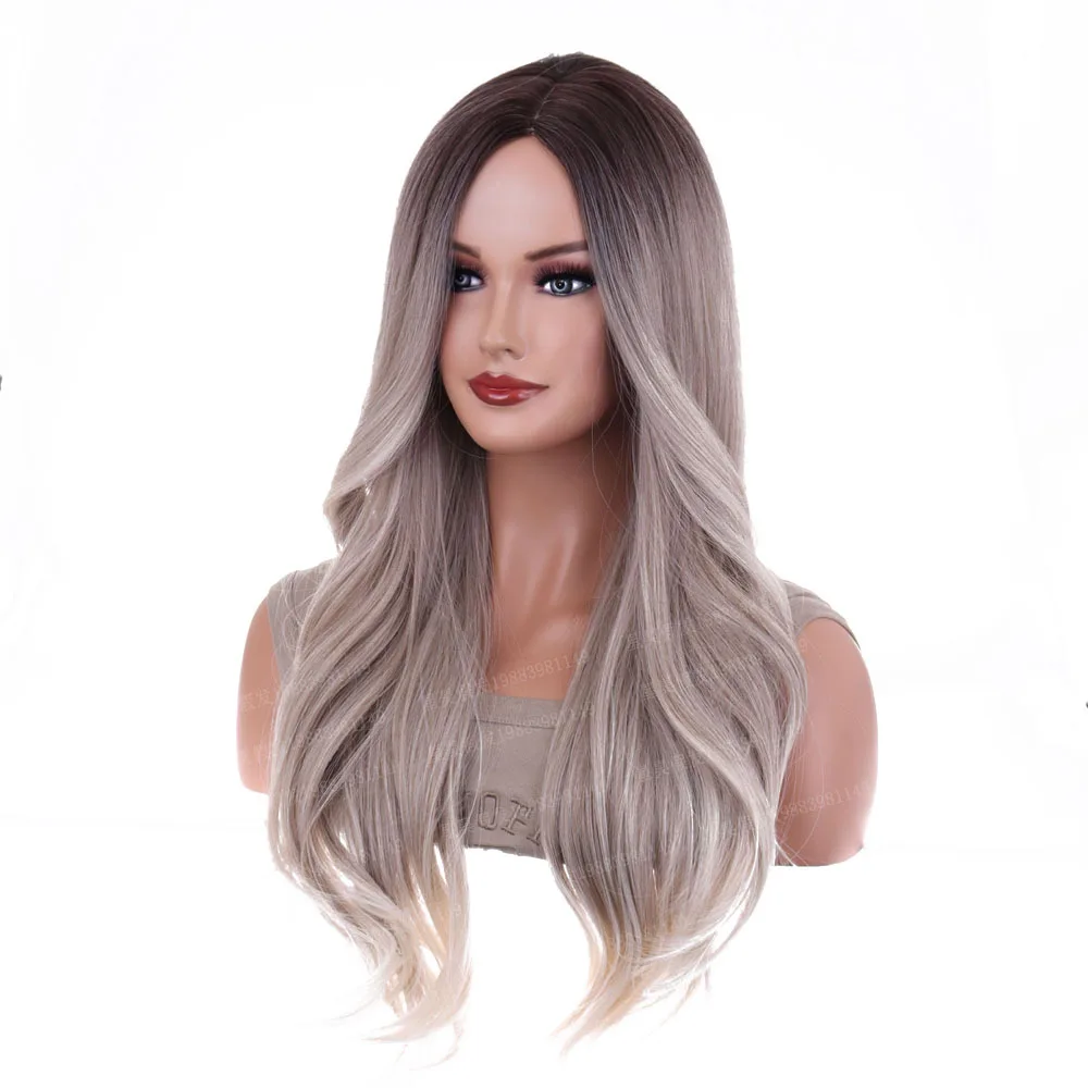 Parrucca di animazione della moda europea e americana con riflessi di colore nero grigio cambiamento graduale parrucca Harajuku COS capelli ricci lunghi femminili