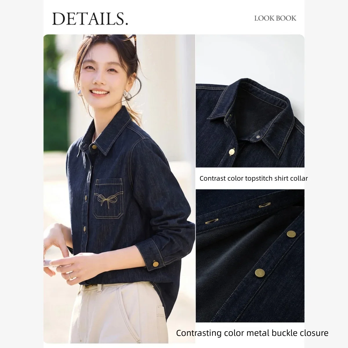 VIMLY Embroidery Bow Denim Jacket Women Winter Color Block Fleece Lined Thick Lapel Casual Coat Vinatge Female Outwear 32032