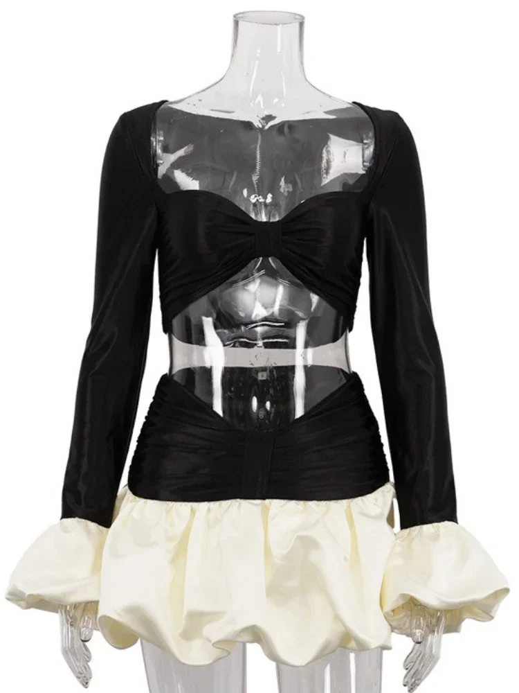 Sexy Vrouwelijke Tweedelige Rok Set Cropped Bell-Mouwen Top Contrasterende Kleur Gezwollen Rok Mini Rok Vrouwen Y2k shorts Sets