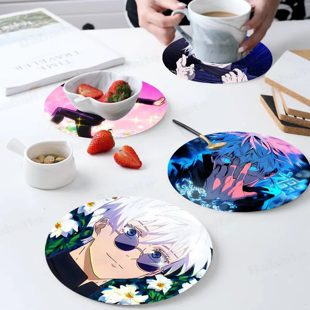Cartoon Figure Gojo Satoru pattern art painted wooden anti-slip coasters, suitable for decoration of living room kitchenware