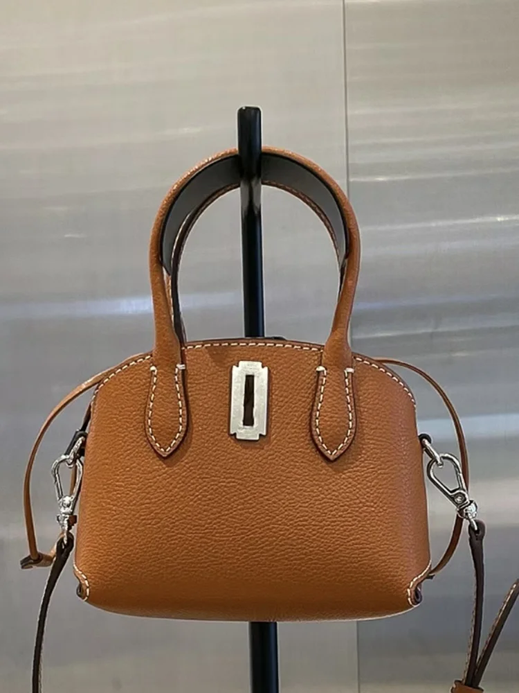  Leather Tote Crossbody Bag Genuine Cowhide Single Shoulder Bag British Style Casual Handbag Soft Dumpling Shape Pure Color