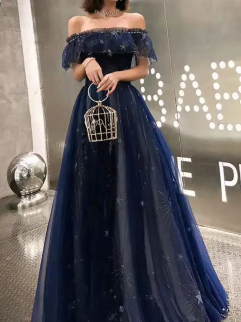 

Temperamental Slash Neck Evening Prom Party Dresses De Festa Gown Robe De Soiree Lace Pattern Little Star Navy Blue Long Vestido