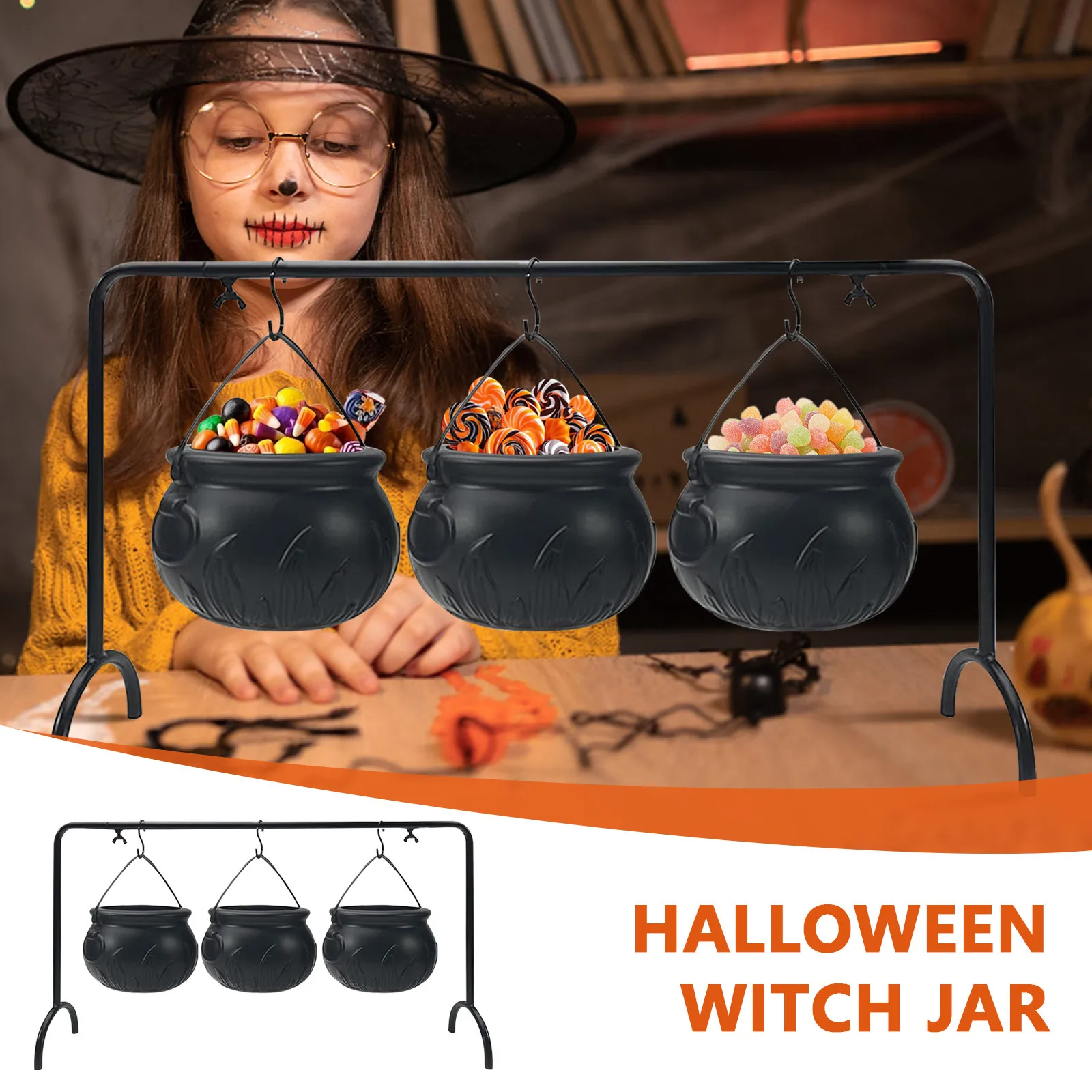 

Halloween Party 3-Piece Witch Jar Candy Bowl Stand Black Plastic Kitchen Decorative Ornaments